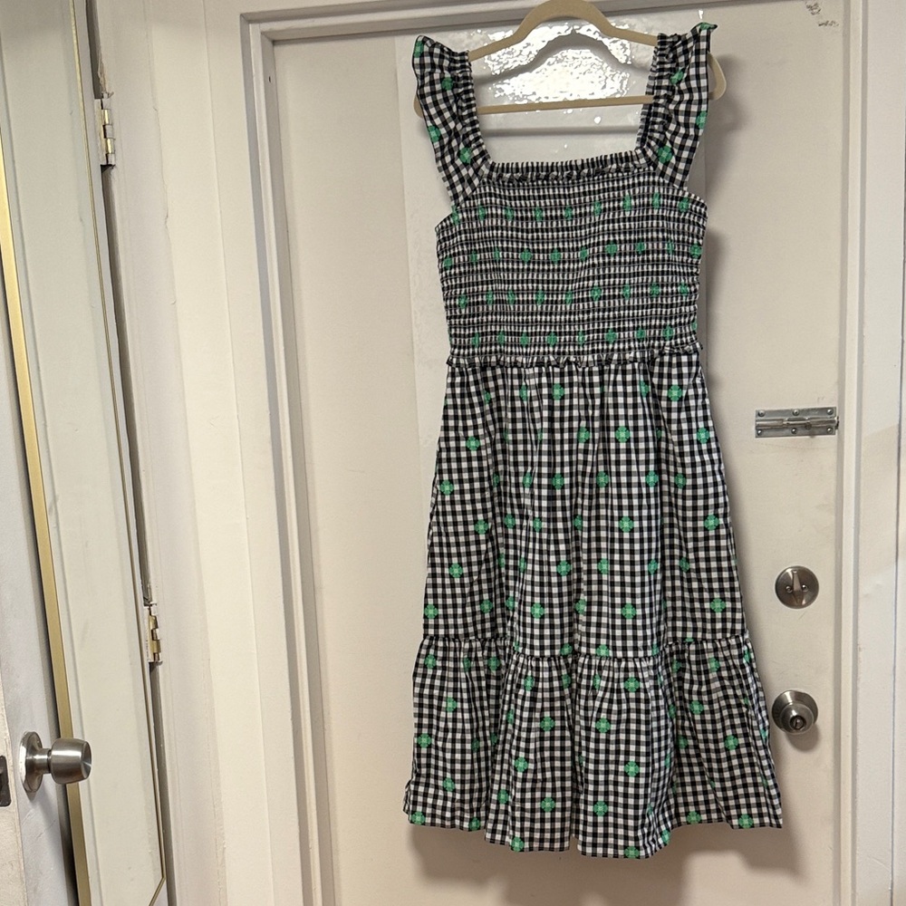 Kate Spade smock dress in black and white check with green clover pattern